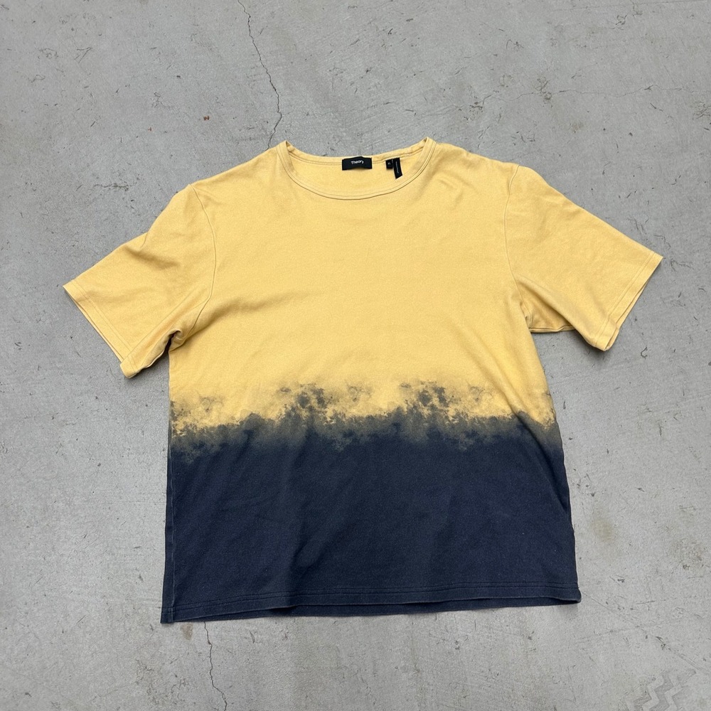 Theory Casey Tee Pigment Print Yellow Navy Dye Ombre Cotton T-Shirt XL Casual